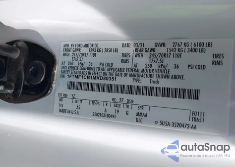 2021 Ford F-150 Xl из США, поврежденный, VIN 1FTMF1CB1MKD80351